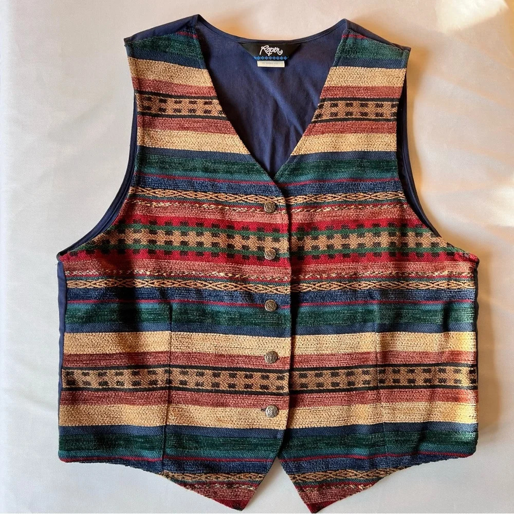 Roper | Vintage Mixed Media Southwestern Vest Colorful Women’s Size Large